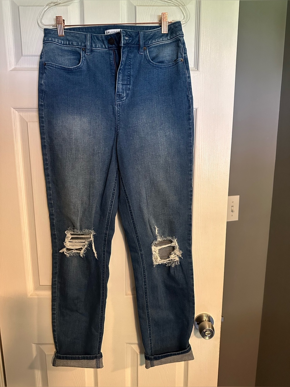 Distressed Boyfriend Jeans in Medium Blue Wash -  Size 6T